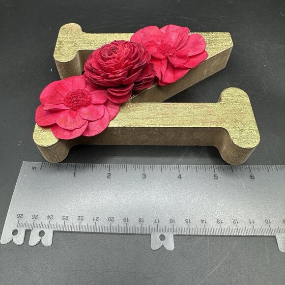 Wooden Initial Letter N Gold Red Sola Wood Flowers 6" Free Standing Monogram - Picture 8 of 10